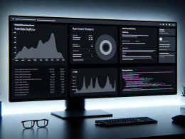 Moderner Arbeitsplatz im Dark-Theme mit ultra-breitem Monitor, der ein anpassbares Dashboard voller Diagramme, Echtzeit-Datenströme und Code zeigt.