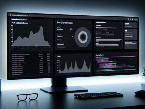 Moderner Arbeitsplatz im Dark-Theme mit ultra-breitem Monitor, der ein anpassbares Dashboard voller Diagramme, Echtzeit-Datenströme und Code zeigt.