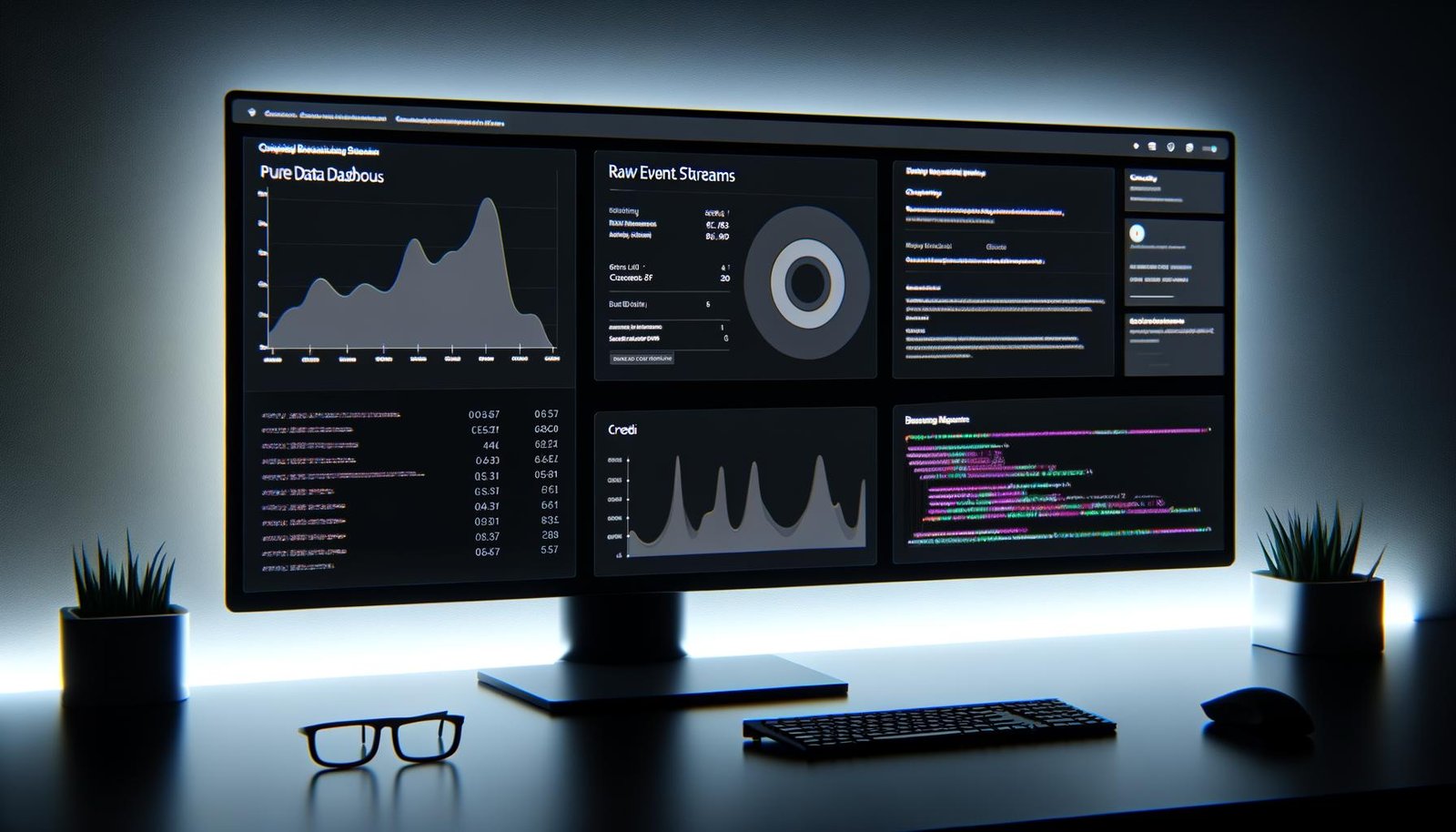Moderner Arbeitsplatz im Dark-Theme mit ultra-breitem Monitor, der ein anpassbares Dashboard voller Diagramme, Echtzeit-Datenströme und Code zeigt.