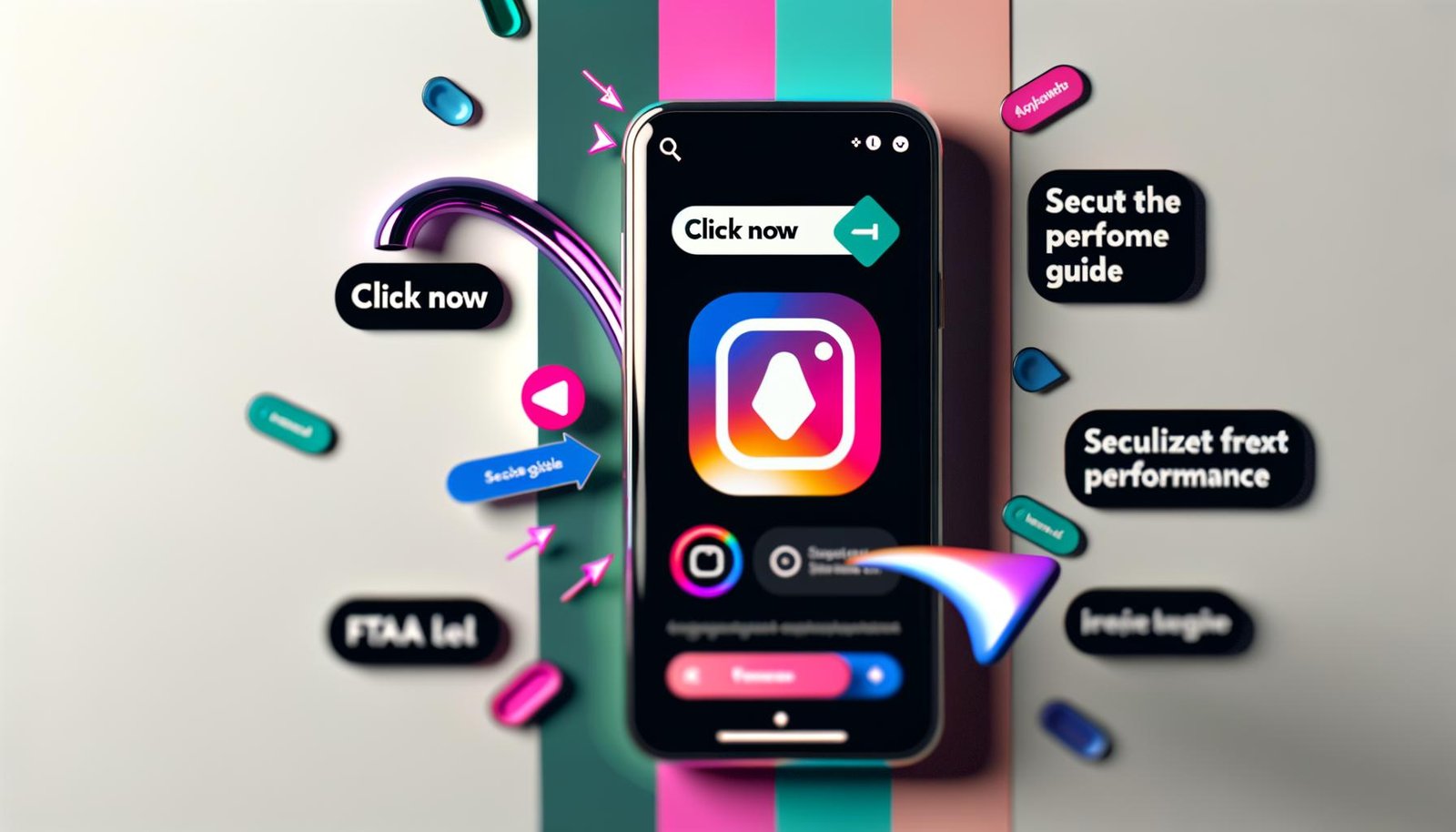 Smartphone mit moderner Instagram-Oberfläche, hervorgehobenen Call-to-Action-Buttons, Link-Stickern, animierten Pfeilen und trendigen grafischen Elementen zur Performance-Steigerung.