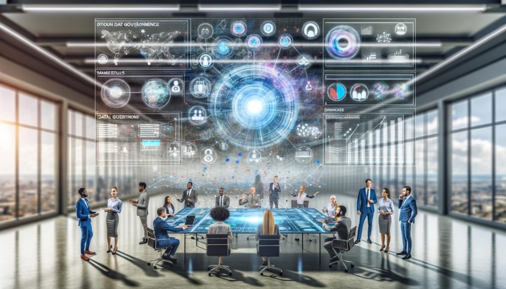 Marketingteam im modernen Open-Space-Büro nutzt holografisches Daten-Governance-Framework mit digitalen Dashboards und Datenströmen, Zukunftstechnologie und Zusammenarbeit stehen im Vordergrund.