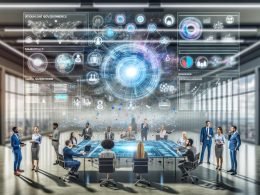 Marketingteam im modernen Open-Space-Büro nutzt holografisches Daten-Governance-Framework mit digitalen Dashboards und Datenströmen, Zukunftstechnologie und Zusammenarbeit stehen im Vordergrund.