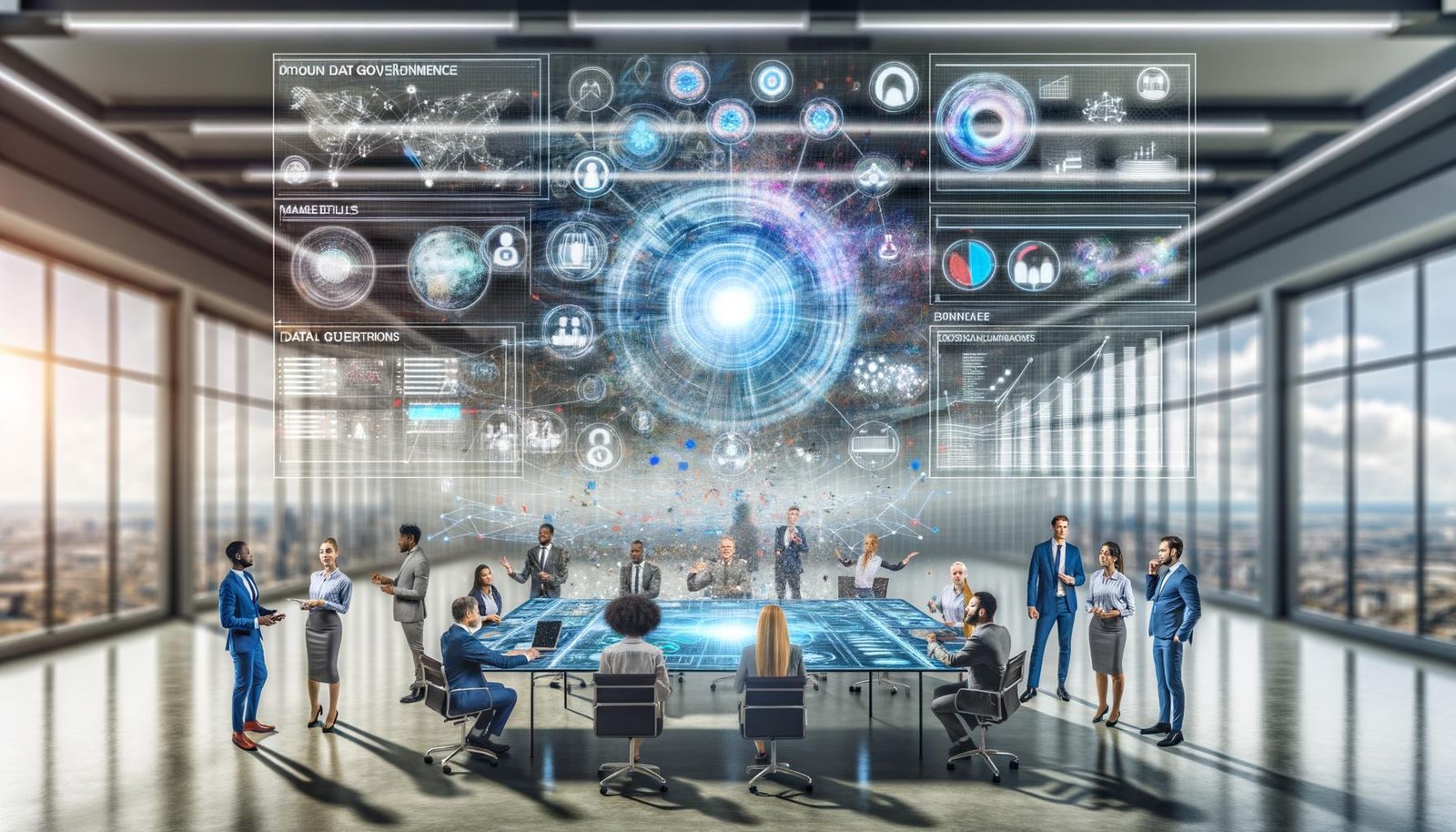 Marketingteam im modernen Open-Space-Büro nutzt holografisches Daten-Governance-Framework mit digitalen Dashboards und Datenströmen, Zukunftstechnologie und Zusammenarbeit stehen im Vordergrund.