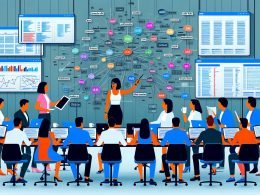 Illustration eines Content-Teams vor digitalen Screens mit Daten, Diagrammen, Themenclustern, Whiteboard und Tools wie Laptops und Tablets, Teamleiterin im Zentrum, im Data-Driven-Design-Stil.