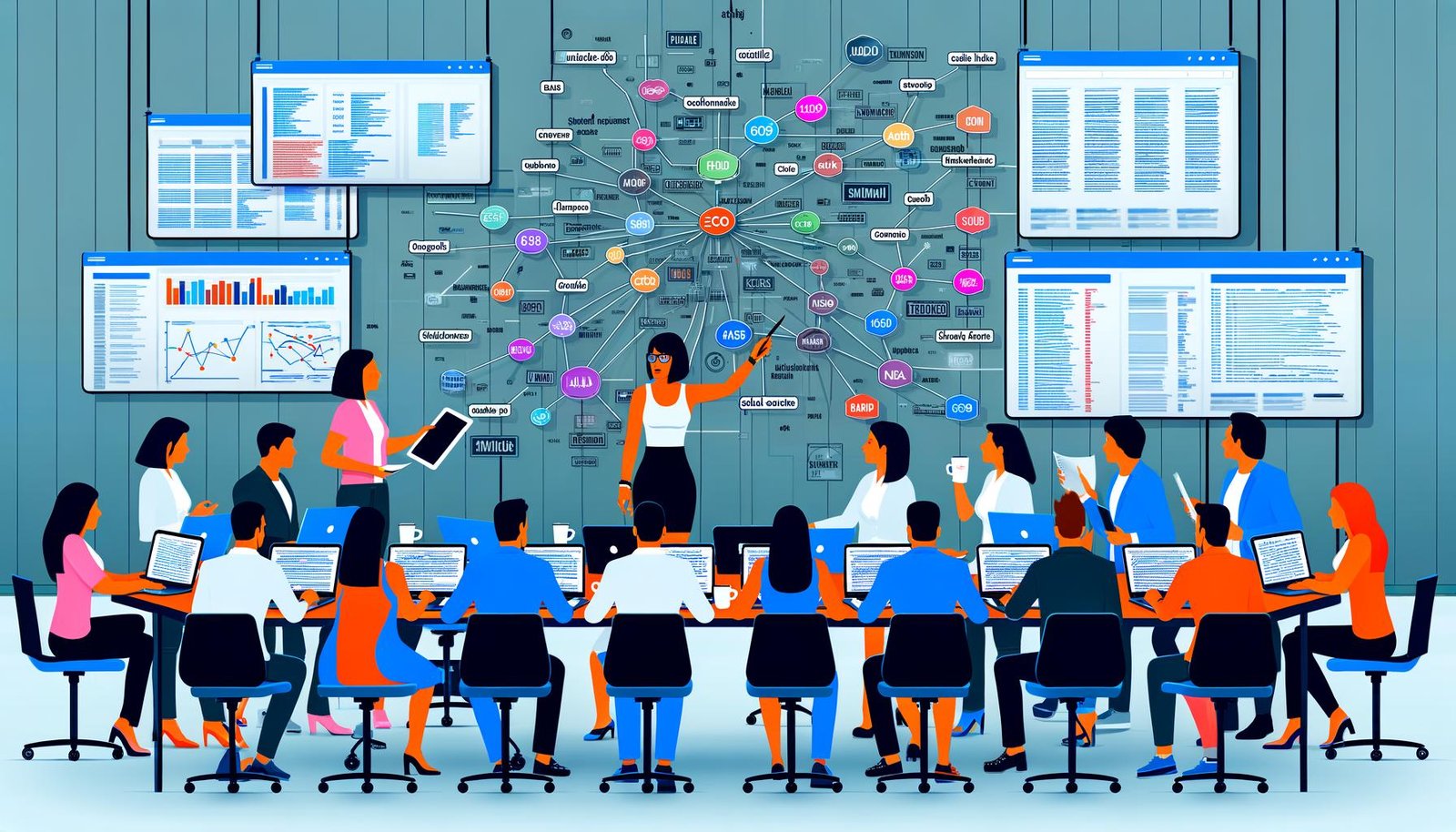 Illustration eines Content-Teams vor digitalen Screens mit Daten, Diagrammen, Themenclustern, Whiteboard und Tools wie Laptops und Tablets, Teamleiterin im Zentrum, im Data-Driven-Design-Stil.