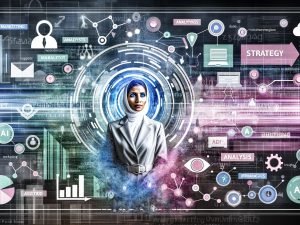 Dynamische Collage mit SEO-Expertin Yoon Jeong vor digitaler Großstadt, umgeben von Datenströmen, Marketing-Icons und modernen Analyse-Elementen.