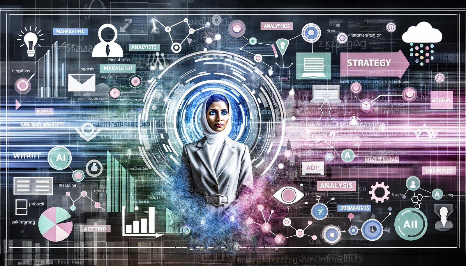 Dynamische Collage mit SEO-Expertin Yoon Jeong vor digitaler Großstadt, umgeben von Datenströmen, Marketing-Icons und modernen Analyse-Elementen.