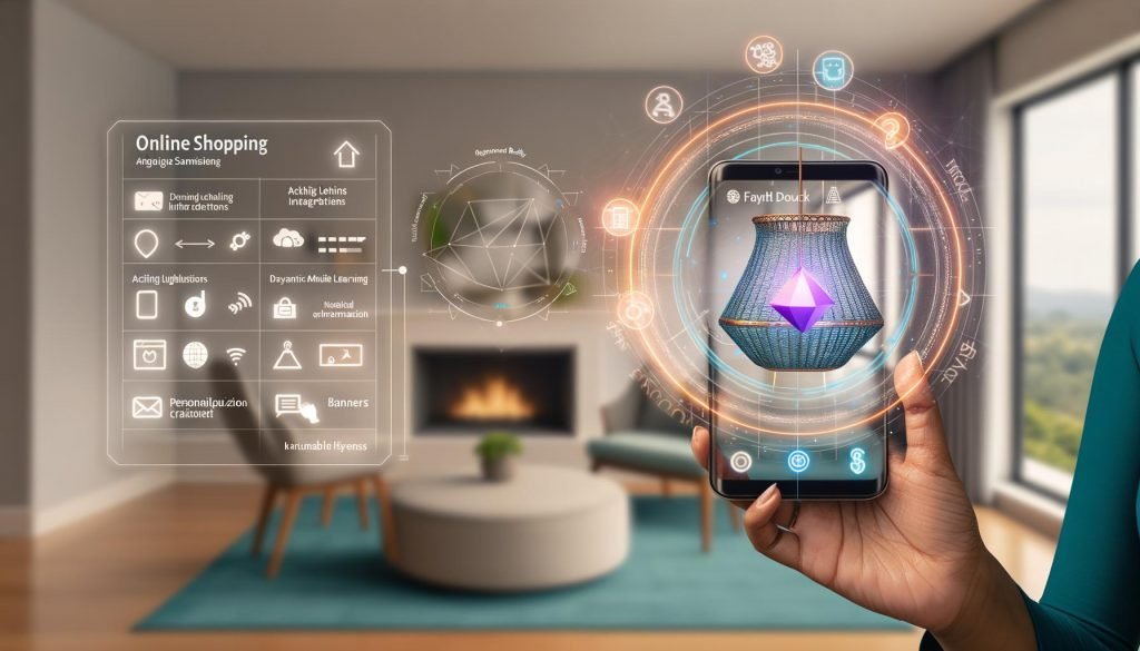 Futuristisches Amazon-Shopping auf dem Smartphone mit AR-Möbeln, nativen Werbeplatzierungen und schwebendem 3D-Analytics-Dashboard in moderner Wohnumgebung.