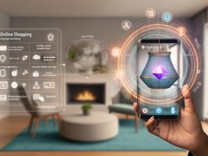 Futuristisches Amazon-Shopping auf dem Smartphone mit AR-Möbeln, nativen Werbeplatzierungen und schwebendem 3D-Analytics-Dashboard in moderner Wohnumgebung.