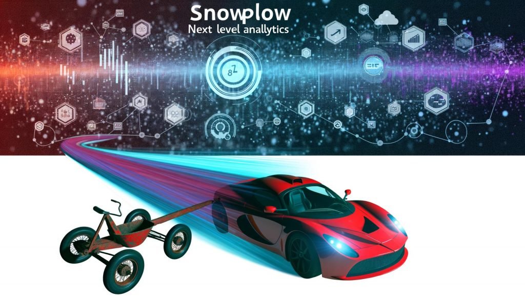 Roter Ferrari überholt eine alte Dreirad-Karre vor einem digitalen Hightech-Datenhintergrund, symbolisch für Fortschritt durch Snowplow-Analytics