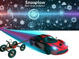 Roter Ferrari überholt eine alte Dreirad-Karre vor einem digitalen Hightech-Datenhintergrund, symbolisch für Fortschritt durch Snowplow-Analytics