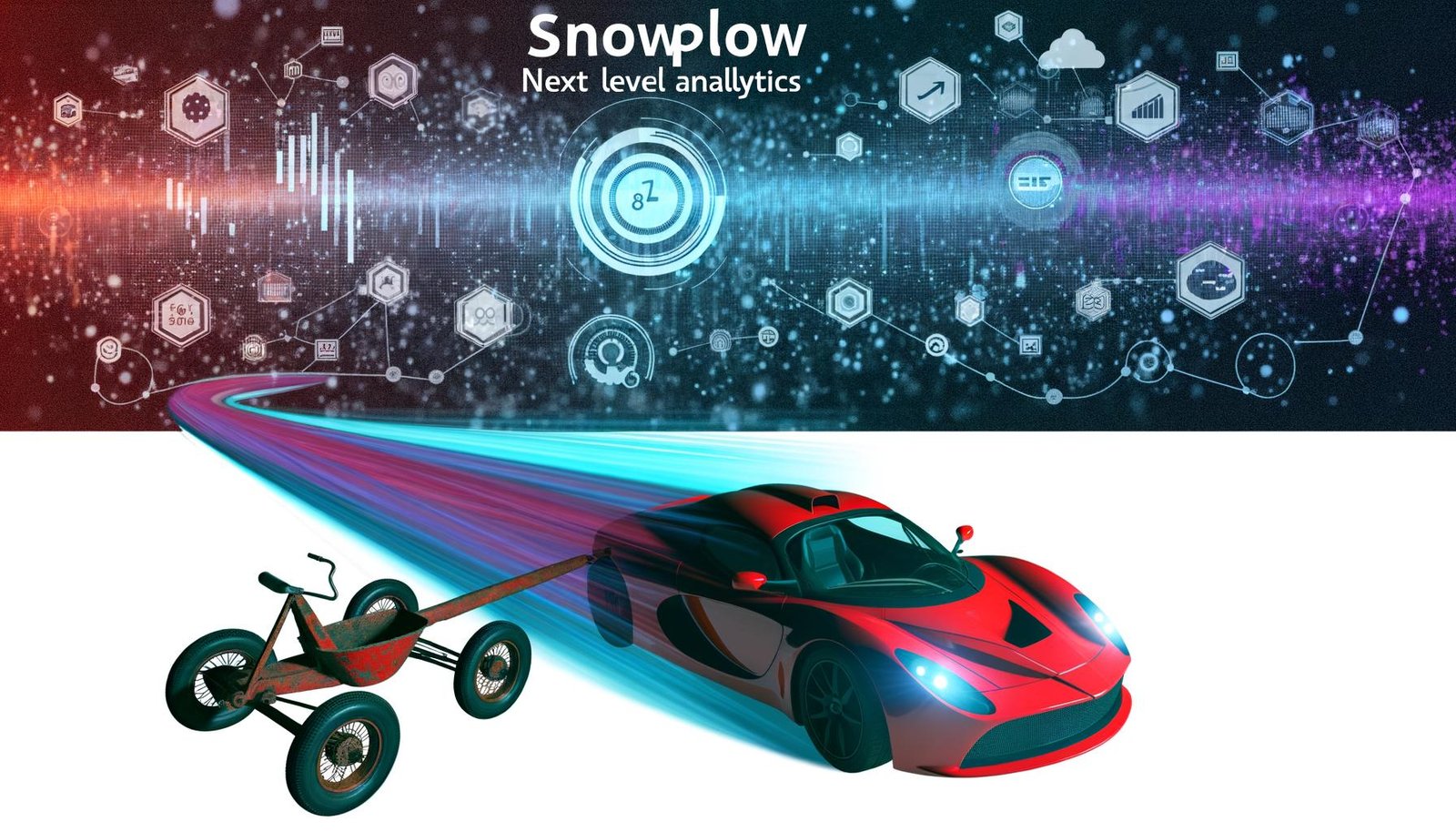Roter Ferrari überholt eine alte Dreirad-Karre vor einem digitalen Hightech-Datenhintergrund, symbolisch für Fortschritt durch Snowplow-Analytics