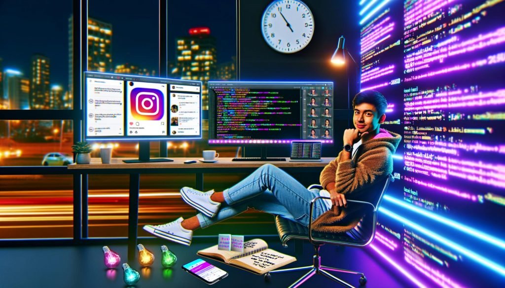 Junger Social-Media-Marketer sitzt vor Monitoren mit bunten Instagram-Reels, Codezeilen, Engagement-Diagrammen und Content-Ideen im modernen Home-Office bei urbaner Nacht.