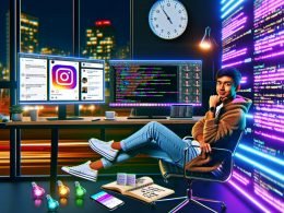 Junger Social-Media-Marketer sitzt vor Monitoren mit bunten Instagram-Reels, Codezeilen, Engagement-Diagrammen und Content-Ideen im modernen Home-Office bei urbaner Nacht.