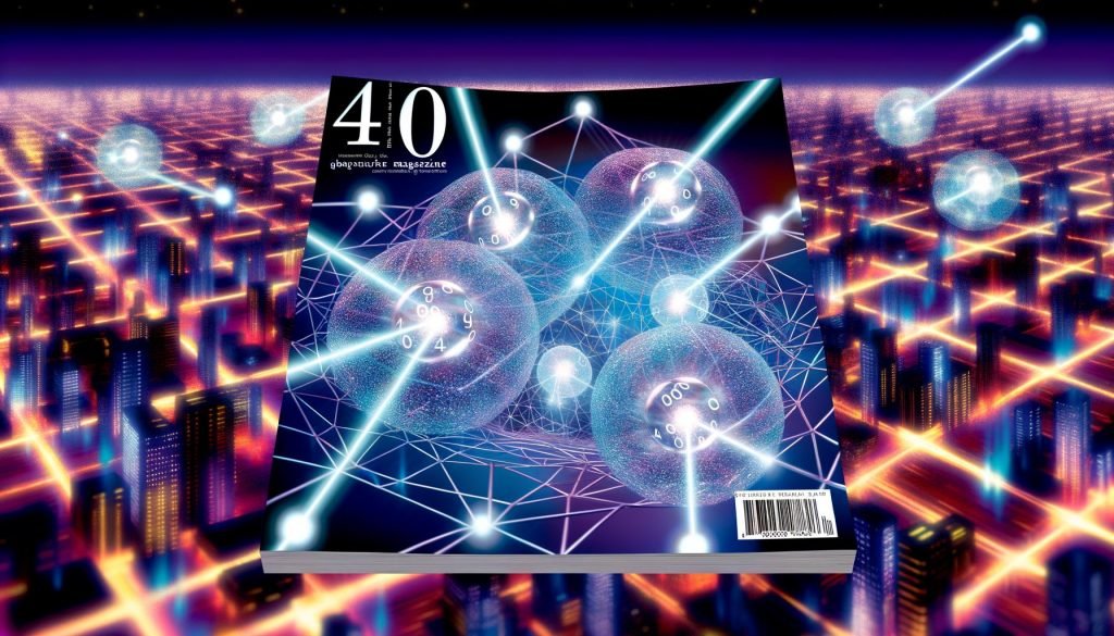 Futuristische Szene mit schimmernden Qubits im Netzwerk, klassische Kabel treffen auf Quantenkanäle, dahinter eine digitale Stadtlandschaft bei Nacht.