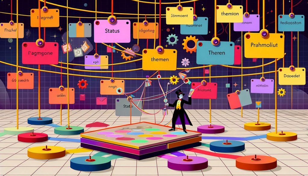 Illustration eines Notion-Workspaces mit vielfältigen, farbigen Projektkarten, einem Jongleur für Tags wie Status, Themen und Priorität und einem strukturierten Dashboard im Vordergrund.