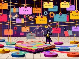 Illustration eines Notion-Workspaces mit vielfältigen, farbigen Projektkarten, einem Jongleur für Tags wie Status, Themen und Priorität und einem strukturierten Dashboard im Vordergrund.