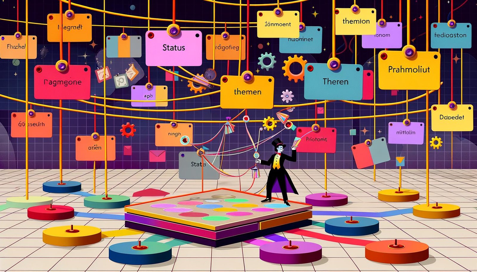Illustration eines Notion-Workspaces mit vielfältigen, farbigen Projektkarten, einem Jongleur für Tags wie Status, Themen und Priorität und einem strukturierten Dashboard im Vordergrund.
