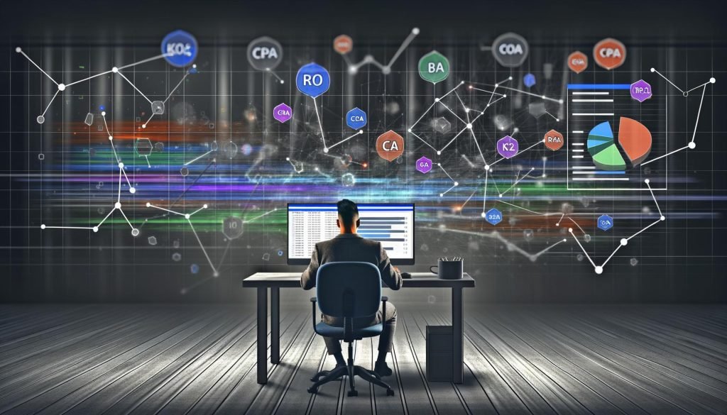 Futuristische Editorial-Illustration eines Marketingleiters am Computer, umgeben von digitalen Datenströmen, Dashboards mit Leistungskennzahlen und einem Netzwerk aus Webanalyse- und CRM-Symbolen.