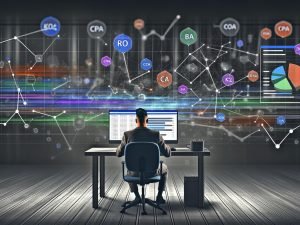 Futuristische Editorial-Illustration eines Marketingleiters am Computer, umgeben von digitalen Datenströmen, Dashboards mit Leistungskennzahlen und einem Netzwerk aus Webanalyse- und CRM-Symbolen.