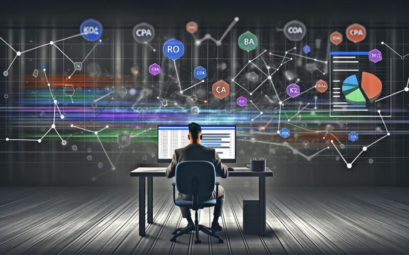 Futuristische Editorial-Illustration eines Marketingleiters am Computer, umgeben von digitalen Datenströmen, Dashboards mit Leistungskennzahlen und einem Netzwerk aus Webanalyse- und CRM-Symbolen.