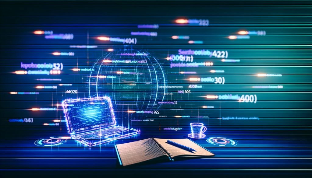 Futuristischer digitaler Schreibtisch mit Laptop, Notizbuch und leuchtenden Daten-Dashboards, umgeben von schemenhaften Algorithmen und KI-basierten Schriftzügen, symbolisiert datengetriebenes, innovatives Content Writing.