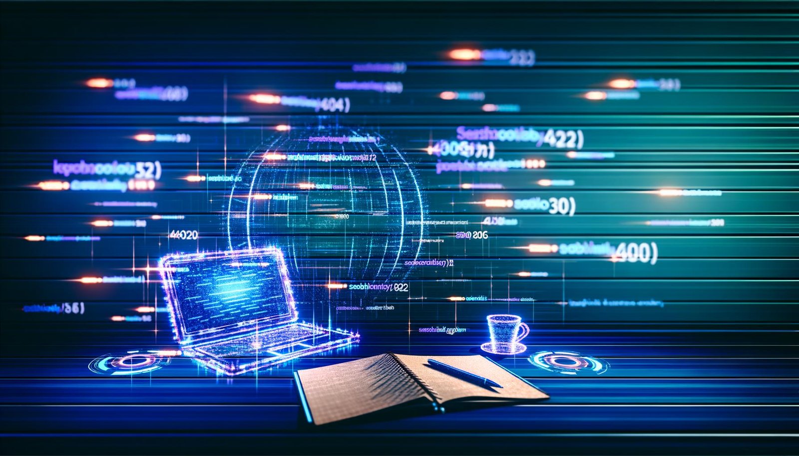 Futuristischer digitaler Schreibtisch mit Laptop, Notizbuch und leuchtenden Daten-Dashboards, umgeben von schemenhaften Algorithmen und KI-basierten Schriftzügen, symbolisiert datengetriebenes, innovatives Content Writing.