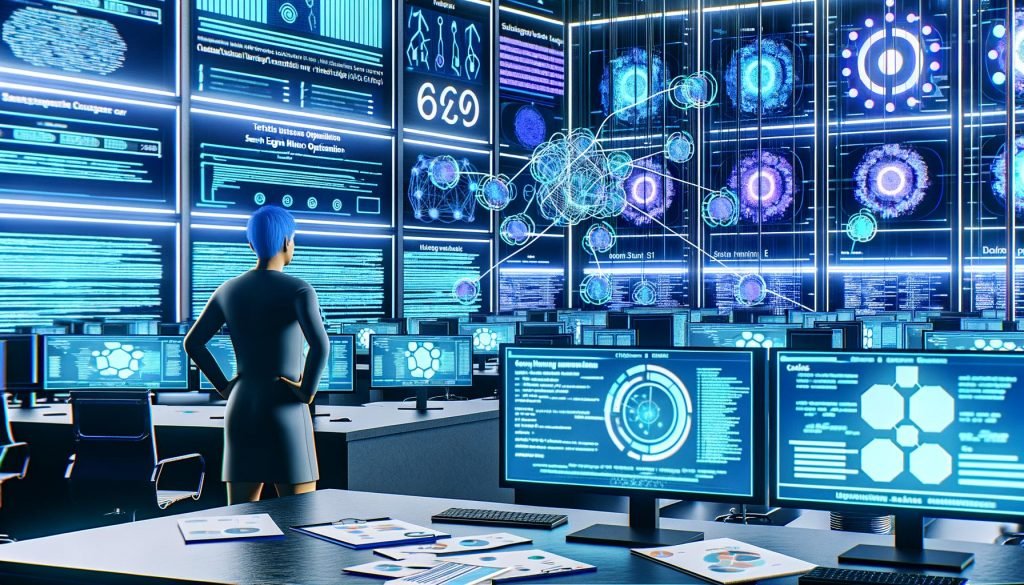 Jong Min Seo im Mittelpunkt eines high-tech Kontrollzentrums mit Data-Dashboards, SEO-Grafiken, Code-Zeilen und Content-Cluster-Maps in kühlen Blautönen.