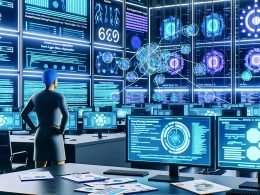 Jong Min Seo im Mittelpunkt eines high-tech Kontrollzentrums mit Data-Dashboards, SEO-Grafiken, Code-Zeilen und Content-Cluster-Maps in kühlen Blautönen.