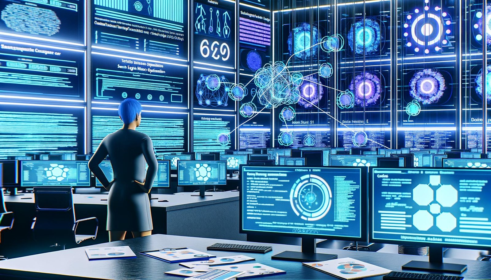 Jong Min Seo im Mittelpunkt eines high-tech Kontrollzentrums mit Data-Dashboards, SEO-Grafiken, Code-Zeilen und Content-Cluster-Maps in kühlen Blautönen.