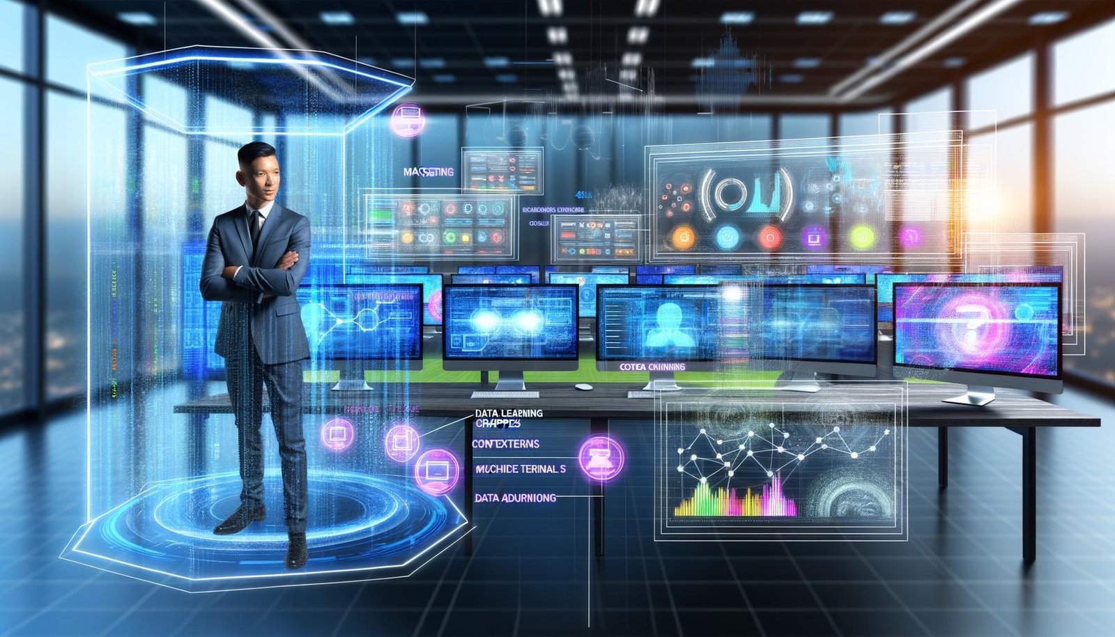 Transparenter Arbeitsplatz mit mehreren Monitoren, darauf Amazon Ads-Daten, Machine Learning-Graphen und Nutzersignale, dahinter ein entschlossener Marketer und technische Datenströme.