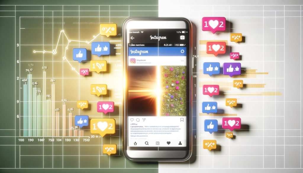 Editorial Illustration eines geteilten Instagram-Feeds auf Smartphone: Links ein hübsches Foto mit langweiliger Caption und geringer Interaktion, rechts ein ansprechendes Bild mit aufmerksamkeitsstarker Caption und hoher Engagementrate, umgeben von Social-Media-Icons.