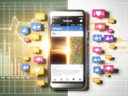 Editorial Illustration eines geteilten Instagram-Feeds auf Smartphone: Links ein hübsches Foto mit langweiliger Caption und geringer Interaktion, rechts ein ansprechendes Bild mit aufmerksamkeitsstarker Caption und hoher Engagementrate, umgeben von Social-Media-Icons.
