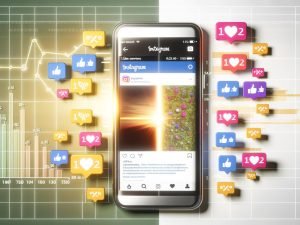 Editorial Illustration eines geteilten Instagram-Feeds auf Smartphone: Links ein hübsches Foto mit langweiliger Caption und geringer Interaktion, rechts ein ansprechendes Bild mit aufmerksamkeitsstarker Caption und hoher Engagementrate, umgeben von Social-Media-Icons.