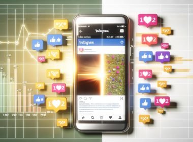Editorial Illustration eines geteilten Instagram-Feeds auf Smartphone: Links ein hübsches Foto mit langweiliger Caption und geringer Interaktion, rechts ein ansprechendes Bild mit aufmerksamkeitsstarker Caption und hoher Engagementrate, umgeben von Social-Media-Icons.
