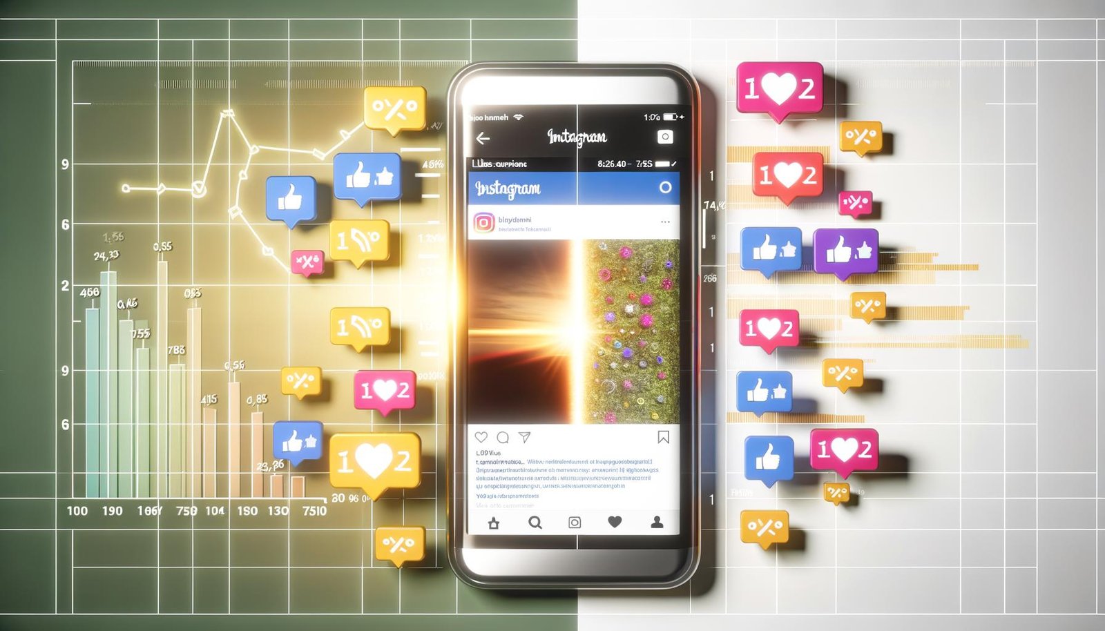 Editorial Illustration eines geteilten Instagram-Feeds auf Smartphone: Links ein hübsches Foto mit langweiliger Caption und geringer Interaktion, rechts ein ansprechendes Bild mit aufmerksamkeitsstarker Caption und hoher Engagementrate, umgeben von Social-Media-Icons.