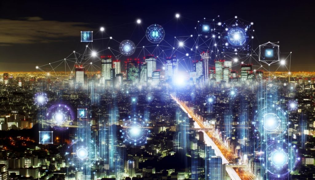 Futuristische Großstadt bei Nacht mit leuchtenden Hochhäusern, transparenten Datenströmen, holografischen Interfaces und Menschen, die mit quantenbasierten Geräten interagieren.