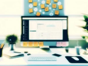Stilisiertes digitales Bild mit modernem Schreibtisch, Notion Dashboard, Projektmanagement-Boards und produktiven Elementen wie Post-its, Kaffeetasse und Pflanze