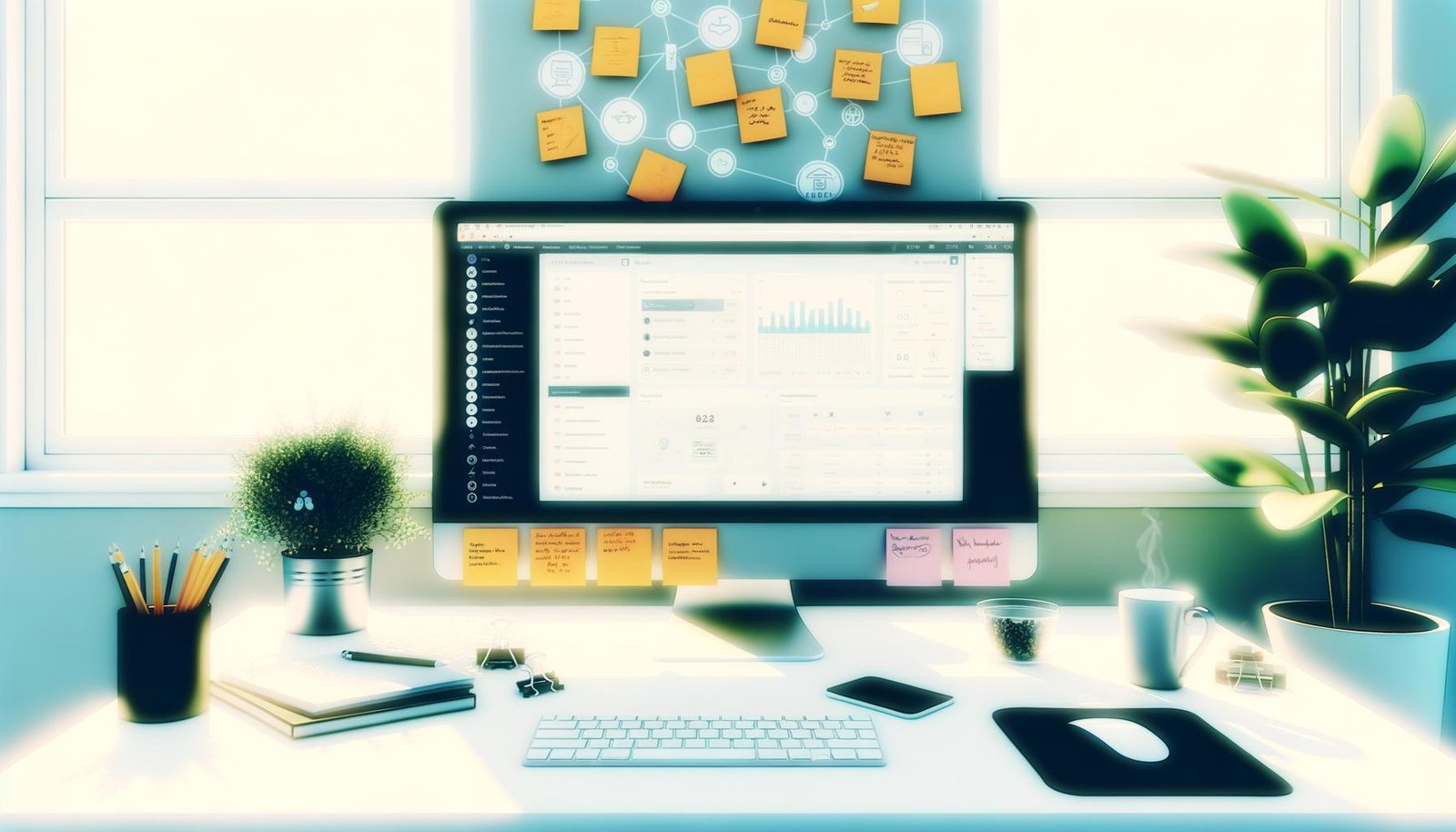 Stilisiertes digitales Bild mit modernem Schreibtisch, Notion Dashboard, Projektmanagement-Boards und produktiven Elementen wie Post-its, Kaffeetasse und Pflanze