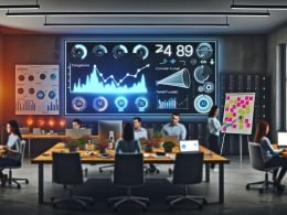 Marketers diskutieren an einem großen digitalen Dashboard mit KPI-Charts und Datenquellen in einem modernen, offenen Büro mit Serverracks und Marketing-Wandcharts.