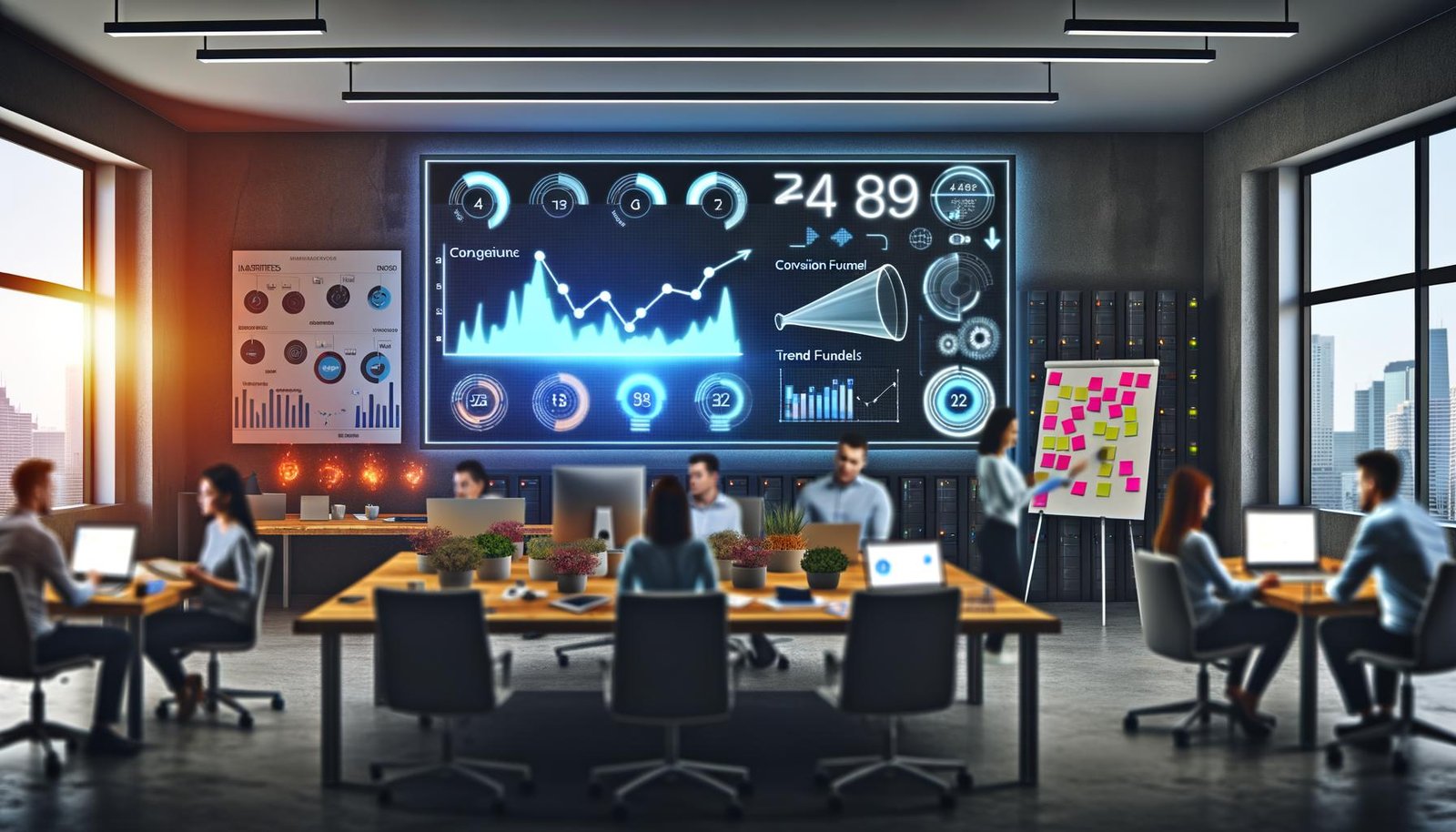 Marketers diskutieren an einem großen digitalen Dashboard mit KPI-Charts und Datenquellen in einem modernen, offenen Büro mit Serverracks und Marketing-Wandcharts.