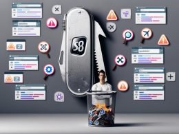 Minimalistische Shopify-E-Commerce-Seite als Schweizer Taschenmesser mit Werkzeug-Icons, SEO-Analysen und technischen Warnhinweisen.