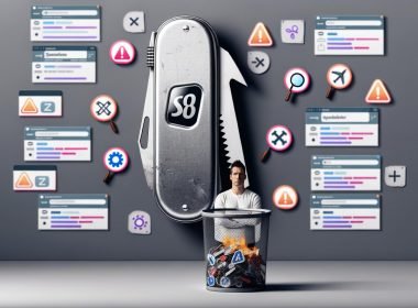 Minimalistische Shopify-E-Commerce-Seite als Schweizer Taschenmesser mit Werkzeug-Icons, SEO-Analysen und technischen Warnhinweisen.