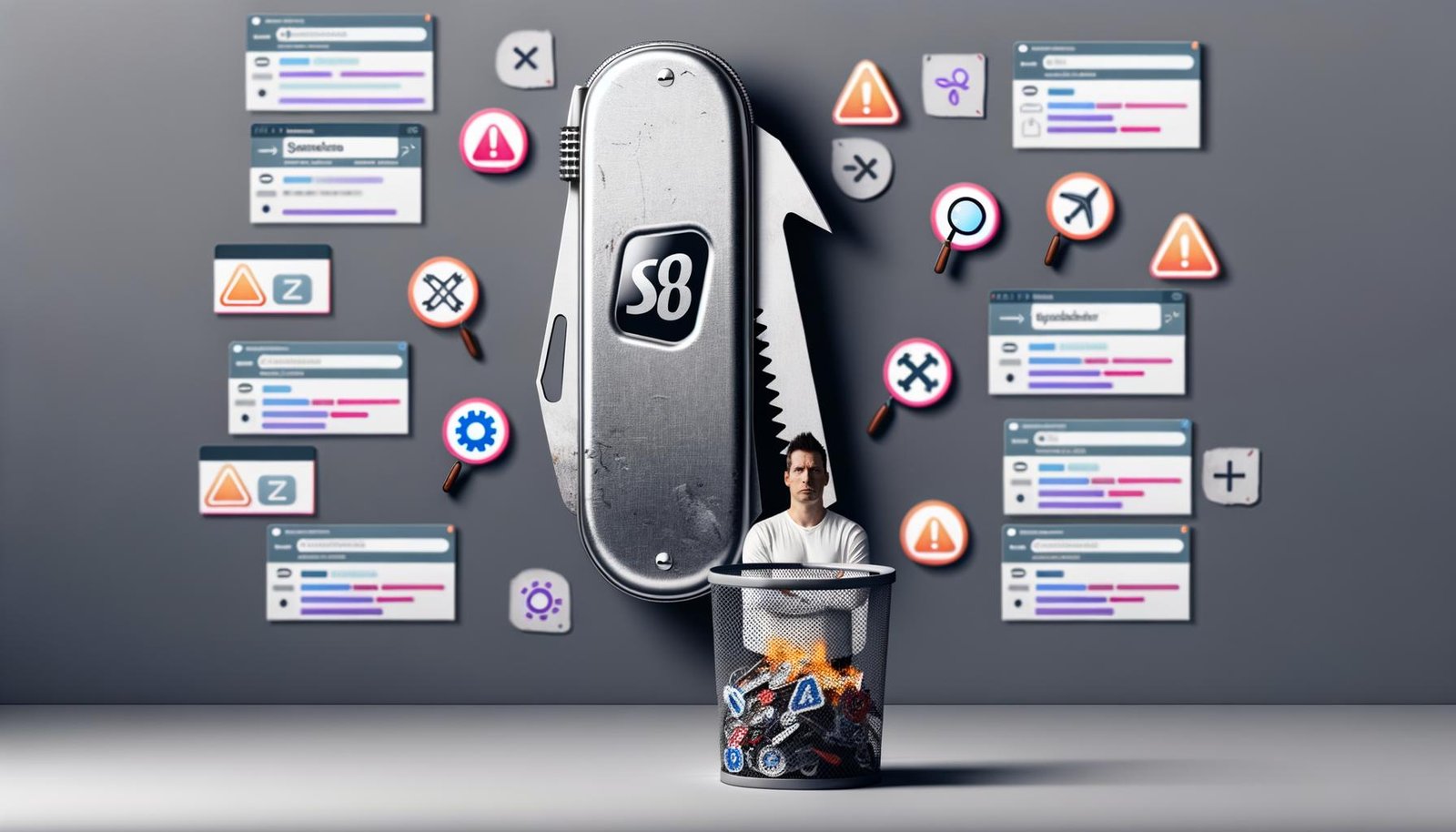 Minimalistische Shopify-E-Commerce-Seite als Schweizer Taschenmesser mit Werkzeug-Icons, SEO-Analysen und technischen Warnhinweisen.
