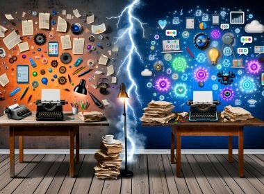 Illustration von zwei gegenüberliegenden Schreibtischen: links traditionell mit Schreibmaschine, rechts modern mit Laptop und KI-Symbolen, dazwischen ein Blitz.