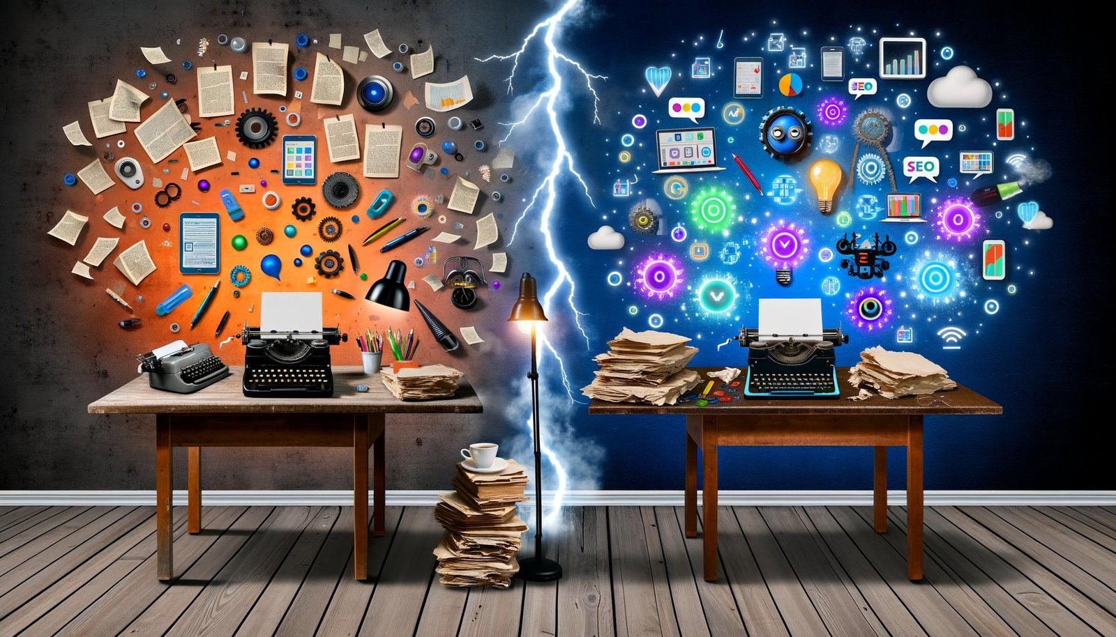 Illustration von zwei gegenüberliegenden Schreibtischen: links traditionell mit Schreibmaschine, rechts modern mit Laptop und KI-Symbolen, dazwischen ein Blitz.