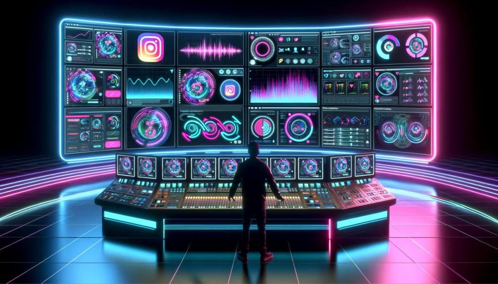 Futuristisch gestalteter Kontrollraum mit digitalen Bildschirmen, Instagram-Inhalten, Nutzerstatistiken und einem Operator am digitalen Mischpult in moderner Neon-Optik.