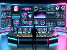Futuristisch gestalteter Kontrollraum mit digitalen Bildschirmen, Instagram-Inhalten, Nutzerstatistiken und einem Operator am digitalen Mischpult in moderner Neon-Optik.