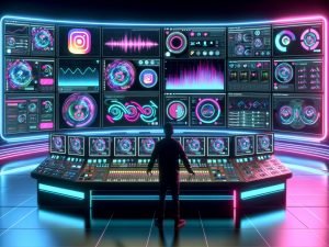 Futuristisch gestalteter Kontrollraum mit digitalen Bildschirmen, Instagram-Inhalten, Nutzerstatistiken und einem Operator am digitalen Mischpult in moderner Neon-Optik.