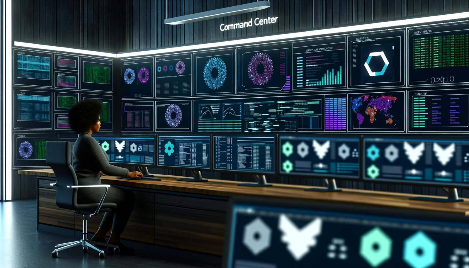 Data Engineer in einem modernen Command Center mit großen Dashboards, Code-Snippets und Snowplow-Anwendungen, die Privatsphäre und Datenkontrolle betonen.